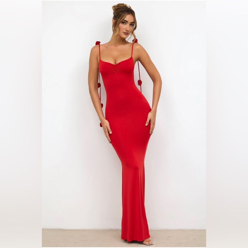 Aldona Slinky Jersey Rose Detail Evening Gown in Scarlet Red oh polly